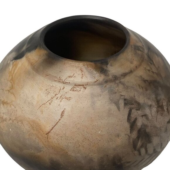 Studio Earthenware Pottery Signed M.Borg Round Vase 4.25" high Brown Leaf Design - Picture 11 of 12